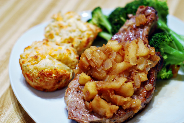 Pork Chops, Apple Compote and Apple, Cheddar Biscuits with  Rosemary
